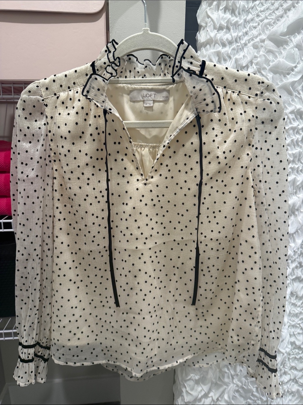 LOFT Cream Polka Dot Ruffle Tie-Neck Blouse